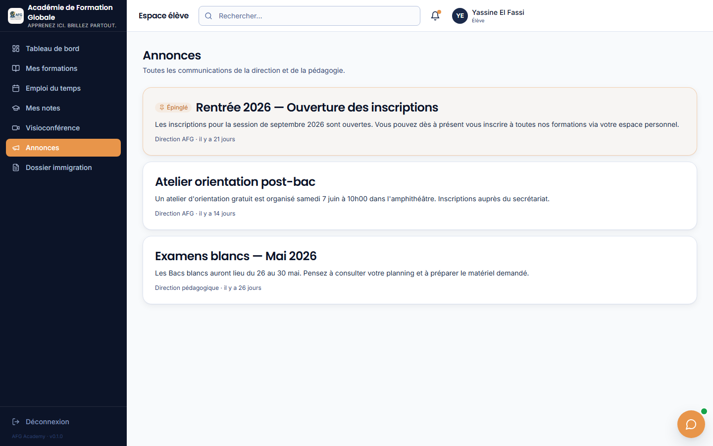 AFG — Académie de Formation — Espace élève