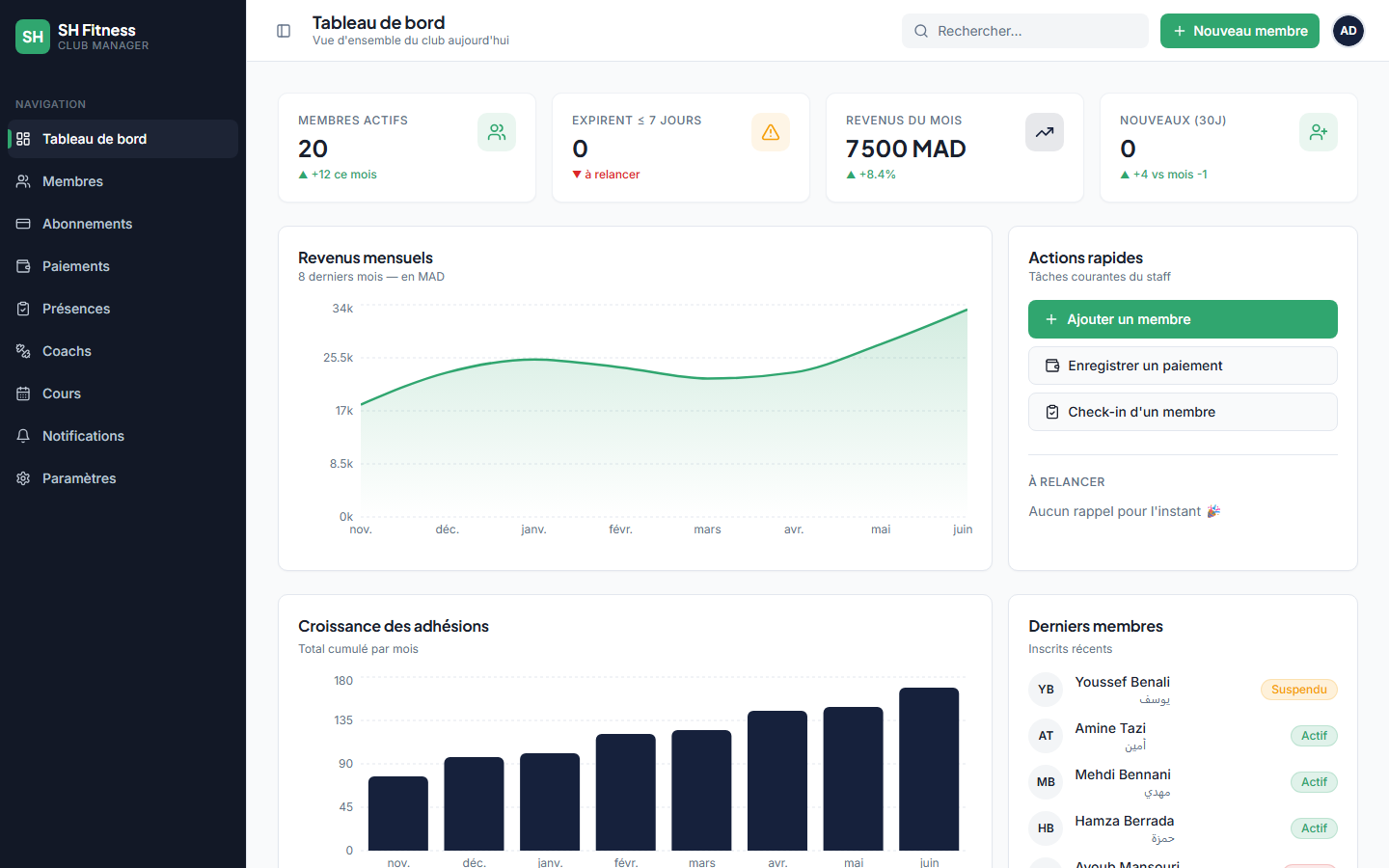 SH Fitness — Club Manager — Application de gestion