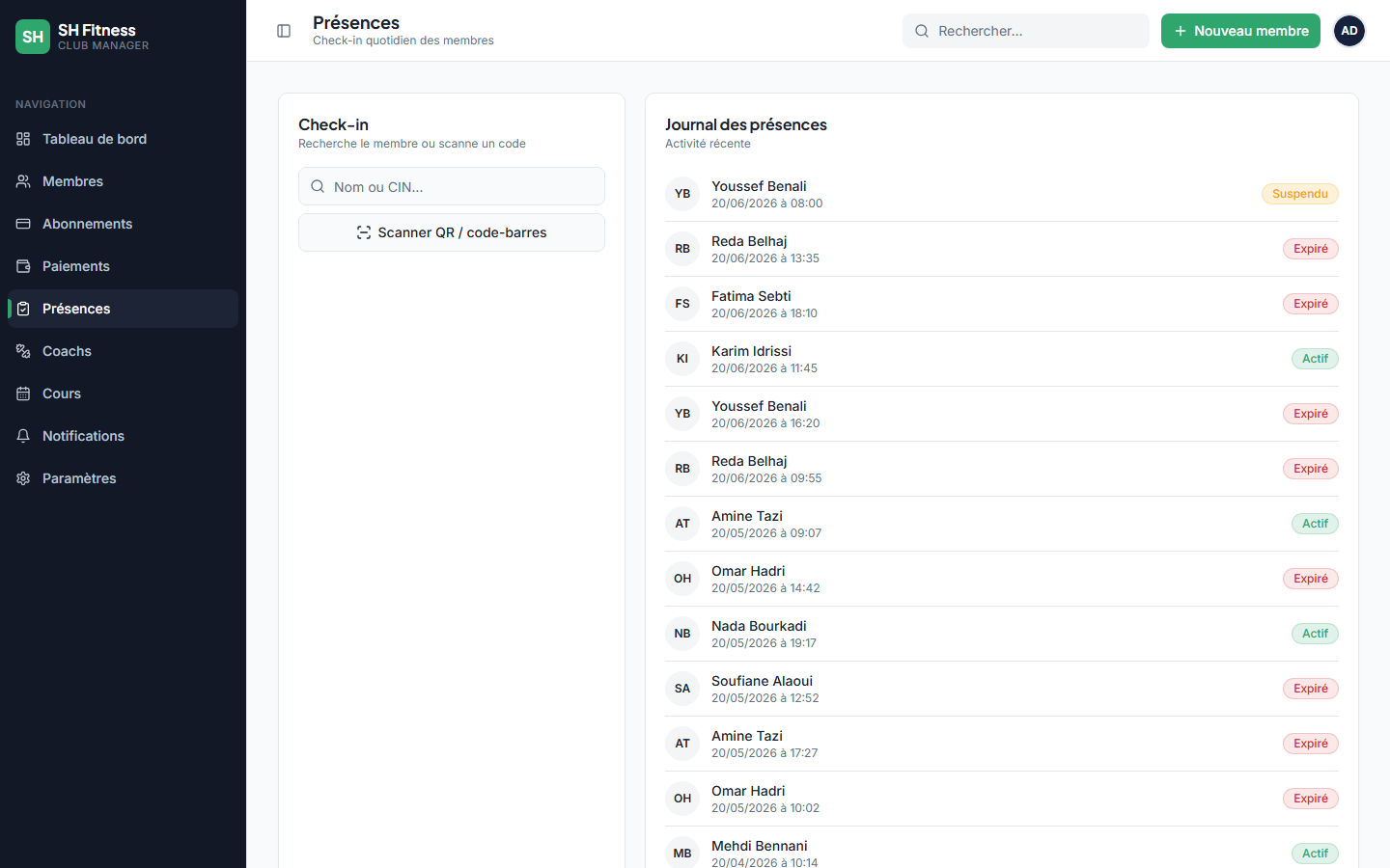 SH Fitness — Club Manager — Application de gestion