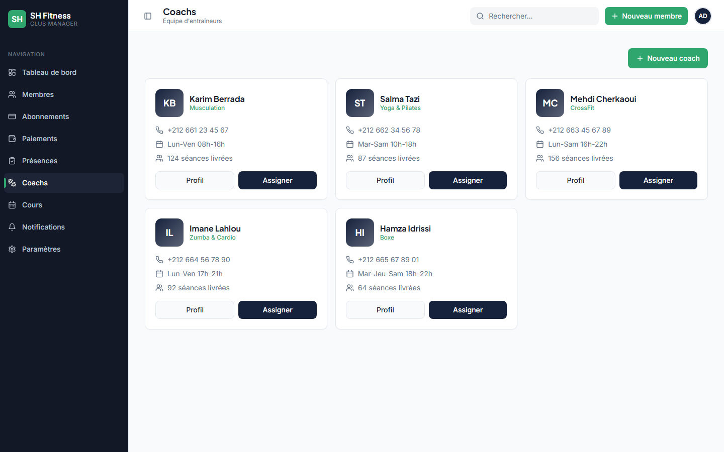 SH Fitness — Club Manager — Application de gestion