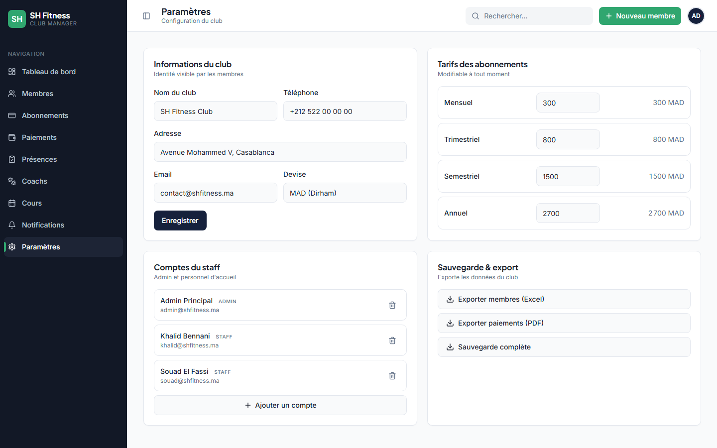 SH Fitness — Club Manager — Application de gestion